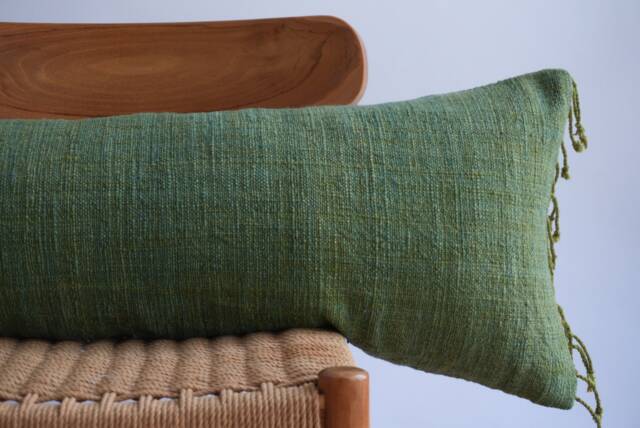 Handwoven Hemp Lumbar Pillow Cover Dark Green Fringes, Karen Tribal Design - image 1
