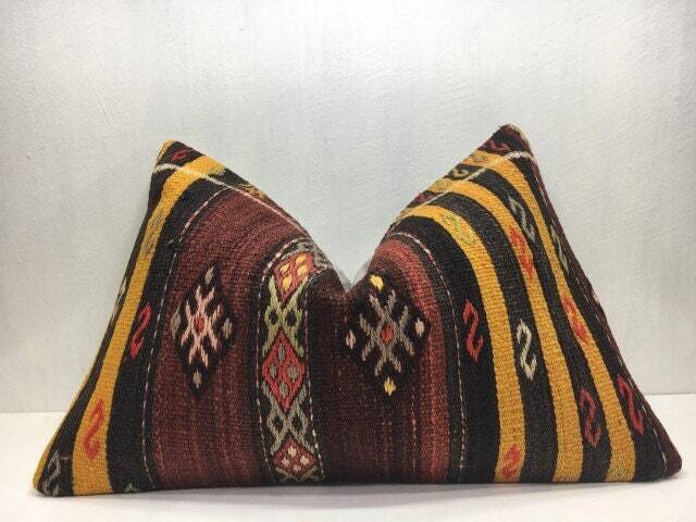 Vintage Turkish Kilim Pillow Cover, Ethnic Lumbar Cushion - 16x24 - image 1