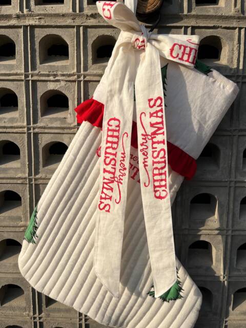 Quilted Cotton Christmas Stocking Red & White Holiday Decor - image 1
