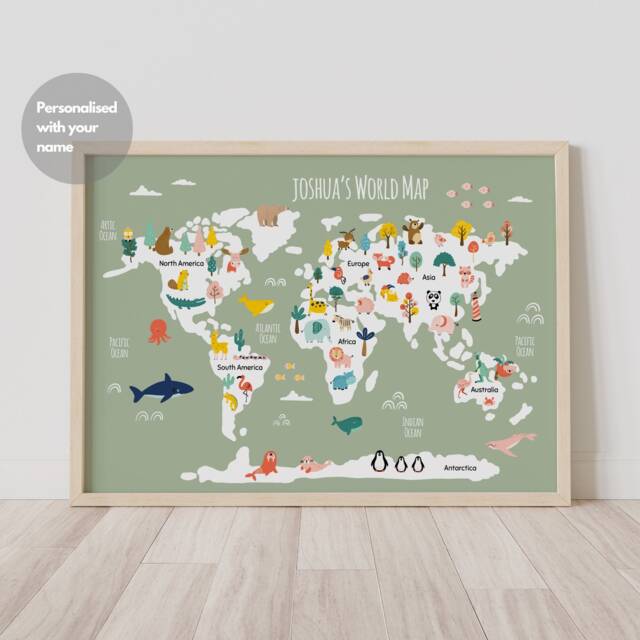 Personalized World Map Print Animals Of The World, Nursery Decor - image 1