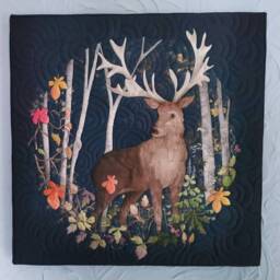 Autumn Forest Stag Textile Art, Embroidered Wall Hanging - 18x18 - thumbnail 2