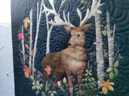 Autumn Forest Stag Textile Art, Embroidered Wall Hanging - 18x18 - thumbnail 1