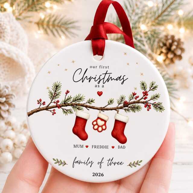 Our First Christmas As A Family Ornament Personalised Of Three Bauble - Ceramic Decoration New Baby & Pet Keepsake Gift - image 1