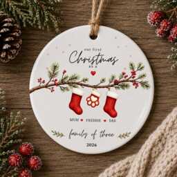 Our First Christmas As A Family Ornament Personalised Of Three Bauble - Ceramic Decoration New Baby & Pet Keepsake Gift - thumbnail 2