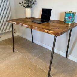 For??t Angled Live Edge Industrial Rustic Tubular Steel Leg Small Custom Size Desk Dining Table Handcrafted With Solid Wood - thumbnail 2
