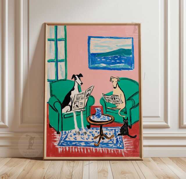 Whippet & Greyhound Reading Scene Poster - Pink Green Living Room Art Print Modern Animal Illustration - image 1