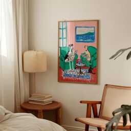 Whippet & Greyhound Reading Scene Poster - Pink Green Living Room Art Print Modern Animal Illustration - thumbnail 3