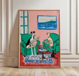 Whippet & Greyhound Reading Scene Poster - Pink Green Living Room Art Print Modern Animal Illustration - thumbnail 1
