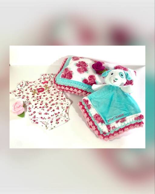 Betsey Johnson Vintage Rose Crochet Baby Blanket & Puppy Lovey Set - image 1
