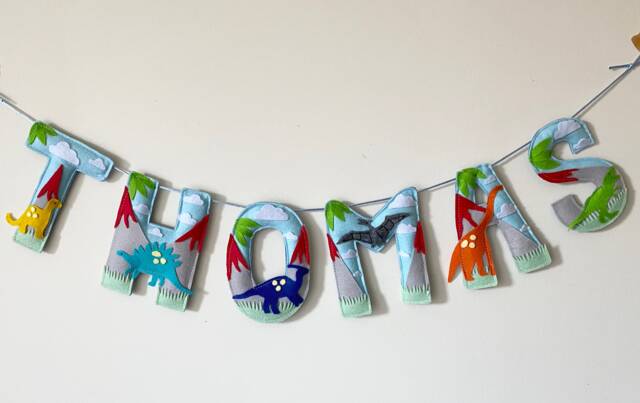 Dinosaur Felt Name Garland, Prehistoric, Nursery Decor, Banner, Bunting, Handmade Party Decoration, Wall Sign - image 1