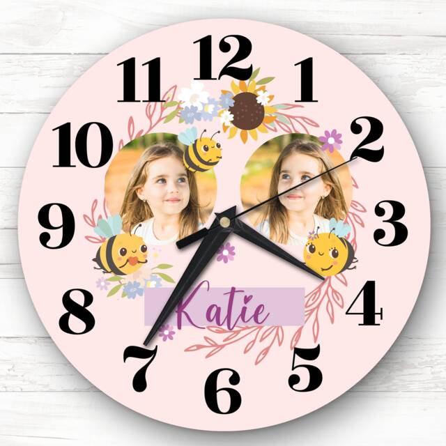 Girl Bee Wreath Photo Girls Room Custom Gift Personalised Clock - image 1