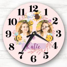 Girl Bee Wreath Photo Girls Room Custom Gift Personalised Clock - thumbnail 1