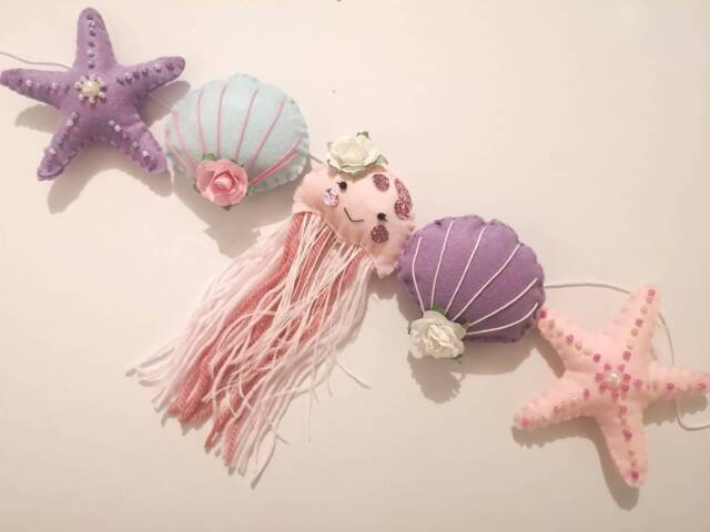 Under The Sea Garland, Jellyfish Starfish Girl Wall Decor, Ocean Nursery Bunting, Creature Decor - image 1