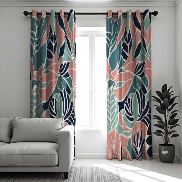 Tropical Leaf Print Eyelet Curtains, Peach, Teal & Navy Botanical Drapes, Modern Floral Window Treatment, Custom Length Panel Curtains - image 1