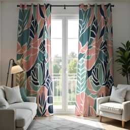 Tropical Leaf Print Eyelet Curtains, Peach, Teal & Navy Botanical Drapes, Modern Floral Window Treatment, Custom Length Panel Curtains - thumbnail 2