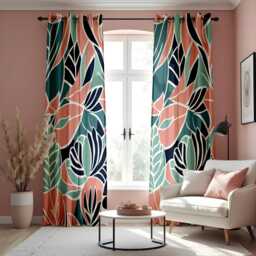 Tropical Leaf Print Eyelet Curtains, Peach, Teal & Navy Botanical Drapes, Modern Floral Window Treatment, Custom Length Panel Curtains - thumbnail 3