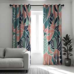 Tropical Leaf Print Eyelet Curtains, Peach, Teal & Navy Botanical Drapes, Modern Floral Window Treatment, Custom Length Panel Curtains