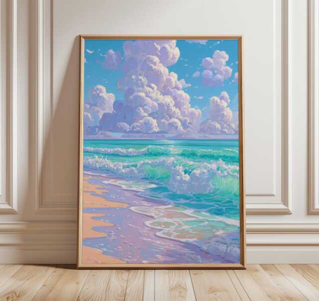 Ocean Wave Wall Art, Pastel Beach Painting With Clouds, Coastal Seascape Print in Turquoise & Lavender For Relaxing Modern Home Decor - image 1