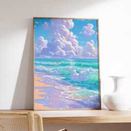 Ocean Wave Wall Art, Pastel Beach Painting With Clouds, Coastal Seascape Print in Turquoise & Lavender For Relaxing Modern Home Decor - thumbnail 2