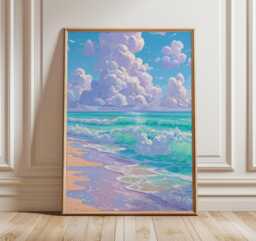 Ocean Wave Wall Art, Pastel Beach Painting With Clouds, Coastal Seascape Print in Turquoise & Lavender For Relaxing Modern Home Decor - thumbnail 1