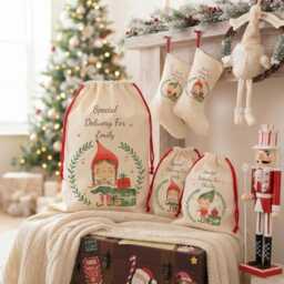 Personalised Elf Christmas Santa Sack, Custom Holiday Stocking, Linen Gift Bag, Ceramic Bauble - thumbnail 4