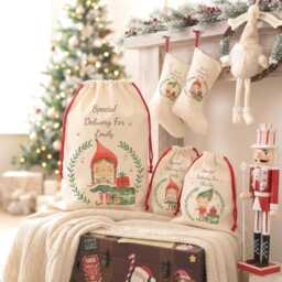 Personalised Elf Christmas Santa Sack, Custom Holiday Stocking, Linen Gift Bag, Ceramic Bauble - thumbnail 1