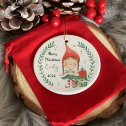 Personalised Elf Christmas Santa Sack, Custom Holiday Stocking, Linen Gift Bag, Ceramic Bauble - thumbnail 2