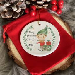 Personalised Elf Christmas Santa Sack, Custom Holiday Stocking, Linen Gift Bag, Ceramic Bauble - thumbnail 3