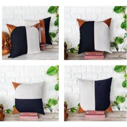 Color Block Pillow Cover Cognac Faux Leather, Linen, Black Fabric - thumbnail 2