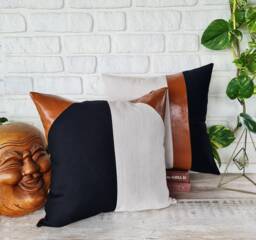 Color Block Pillow Cover Cognac Faux Leather, Linen, Black Fabric - thumbnail 1