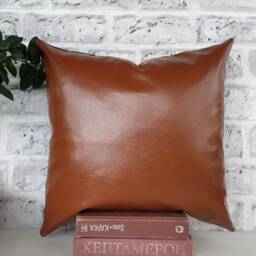 Color Block Pillow Cover Cognac Faux Leather, Linen, Black Fabric - thumbnail 4
