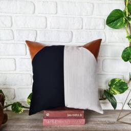 Color Block Pillow Cover Cognac Faux Leather, Linen, Black Fabric - thumbnail 3