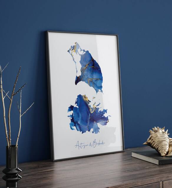 Antigua & Barbuda Map Blue Gold Wall Art Print - image 1