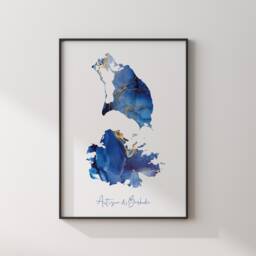 Antigua & Barbuda Map Blue Gold Wall Art Print - thumbnail 2