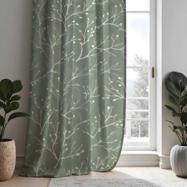 Green Minimalist Curtains With Branch Design, Botanical Print Drapes, Custom Made Panels For Natural Home Interiors - image 1