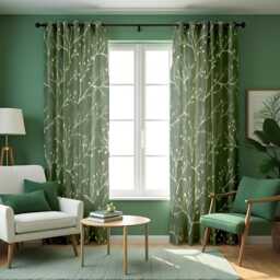 Green Minimalist Curtains With Branch Design, Botanical Print Drapes, Custom Made Panels For Natural Home Interiors - thumbnail 2