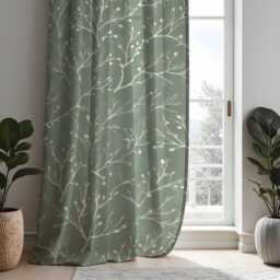 Green Minimalist Curtains With Branch Design, Botanical Print Drapes, Custom Made Panels For Natural Home Interiors