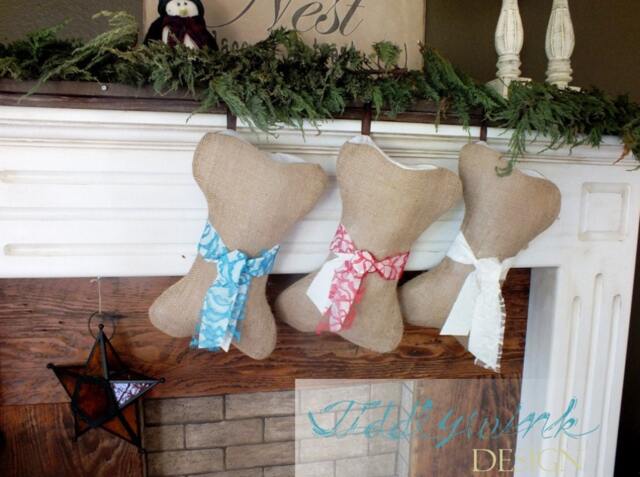Dog Puppy Stocking Burlap Bone Shaped Perfect Pet Christmas Personalized Name Tag Beautiful Natural - Rustic Counrty -Red Cream Blue - image 1