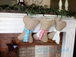 Dog Puppy Stocking Burlap Bone Shaped Perfect Pet Christmas Personalized Name Tag Beautiful Natural - Rustic Counrty -Red Cream Blue