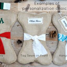 Dog Puppy Stocking Burlap Bone Shaped Perfect Pet Christmas Personalized Name Tag Beautiful Natural - Rustic Counrty -Red Cream Blue - thumbnail 4