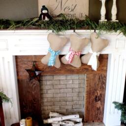 Dog Puppy Stocking Burlap Bone Shaped Perfect Pet Christmas Personalized Name Tag Beautiful Natural - Rustic Counrty -Red Cream Blue - thumbnail 2