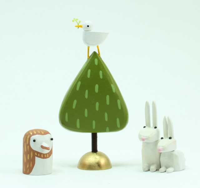 Peaceful Scene - Dove On Green Tree Figurine Wood Barn Owl Mama & Baby Rabbits Centerpiece Peace Earth Holiday Decoration - image 1