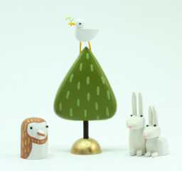 Peaceful Scene - Dove On Green Tree Figurine Wood Barn Owl Mama & Baby Rabbits Centerpiece Peace Earth Holiday Decoration - thumbnail 1