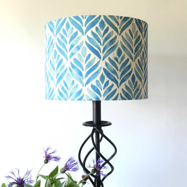 Handmade Watercolour Leaves Lampshade Blue & Natural Linen Drum Shade - image 1