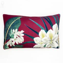 Burgundy Floral Chenille Cushion Cover Double Sided Print, Red Piping - 30x50 cm - thumbnail 1