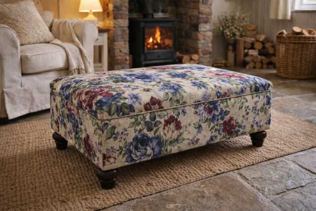 stylish Flat Top Footstool With Piping Trim in Renoir Floral Fabric Mahogany Hardwood Legs - image 1