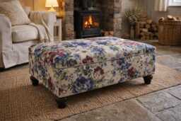 stylish Flat Top Footstool With Piping Trim in Renoir Floral Fabric Mahogany Hardwood Legs