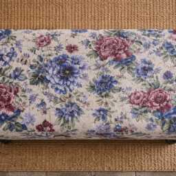 stylish Flat Top Footstool With Piping Trim in Renoir Floral Fabric Mahogany Hardwood Legs - thumbnail 3