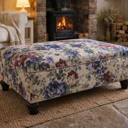 stylish Flat Top Footstool With Piping Trim in Renoir Floral Fabric Mahogany Hardwood Legs - thumbnail 4