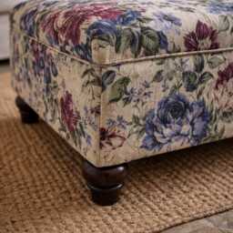 stylish Flat Top Footstool With Piping Trim in Renoir Floral Fabric Mahogany Hardwood Legs - thumbnail 2